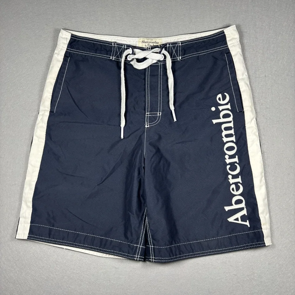 Vintage Abercrombie & Fitch Mens Swim Trunks Y2K XL Navy Blue Big Logo 2000s VTG